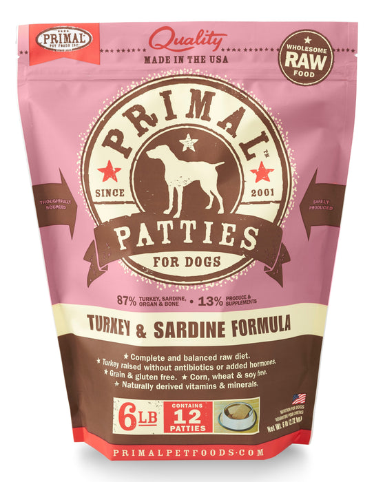 Primal Patties Turkey & Sardine Formula Dog Food 6 lb. (Frozen)