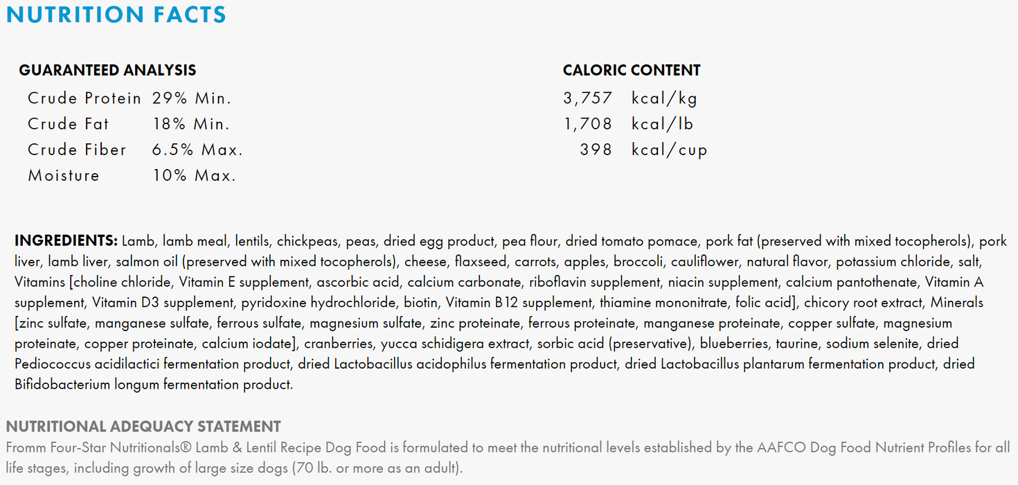 Fromm Four-Star Lamb & Lentil Dog Food