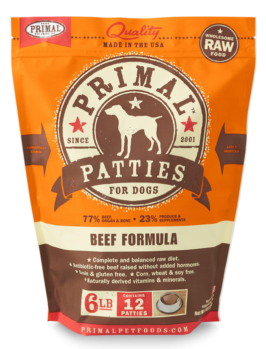 Primal Patties Beef Formula Dog Food 6 lb. (Frozen)