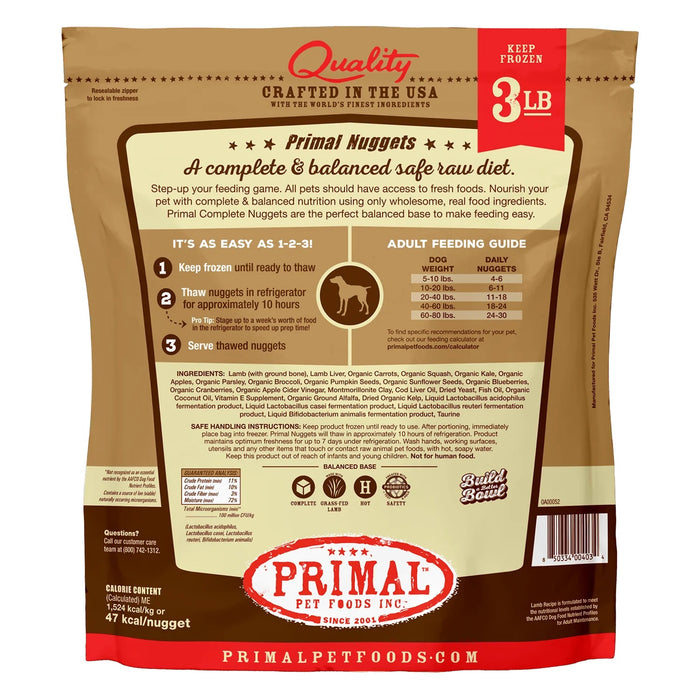 Primal Nuggets Lamb Formula Dog Food 3 lb. (Frozen)