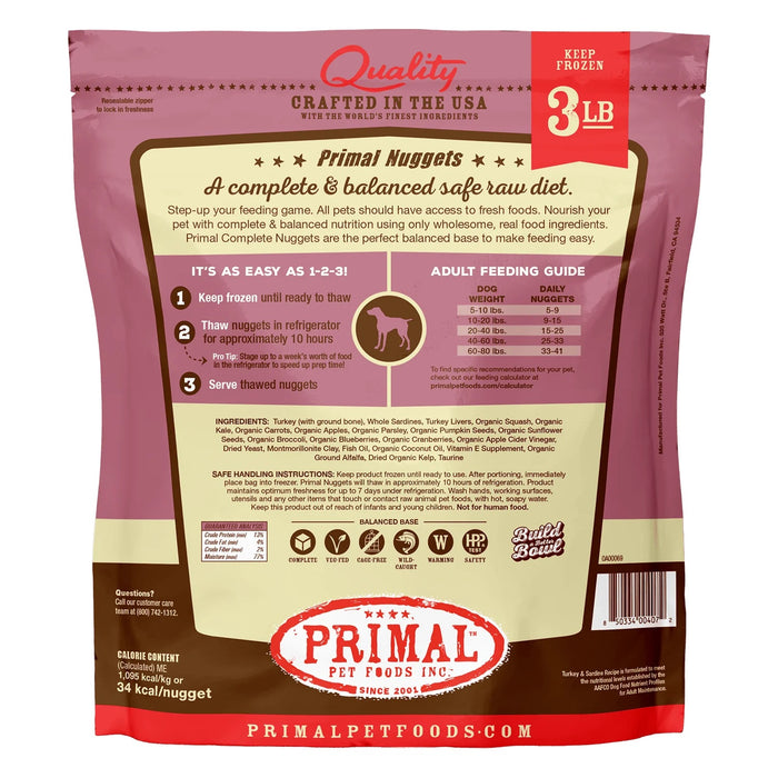 Primal Nuggets Turkey & Sardine Formula Dog Food 3 lb. (Frozen)