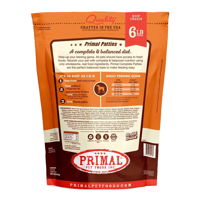 Primal Patties Beef Formula Dog Food 6 lb. (Frozen)
