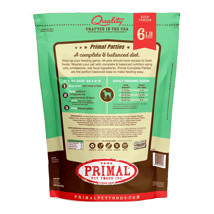 Primal Patties Chicken Formula Dog Food 6 lb. (Frozen)