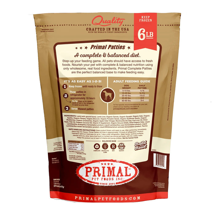 Primal Patties Lamb Formula Dog Food 6 lb. (Frozen)