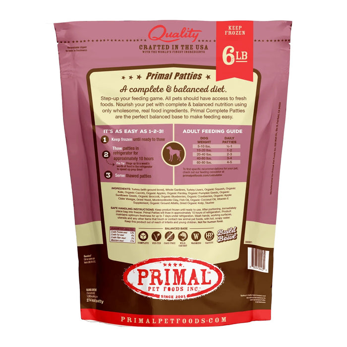 Primal Patties Turkey & Sardine Formula Dog Food 6 lb. (Frozen)