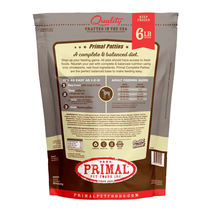 Primal Patties Venison Formula Dog Food 6 lb. (Frozen)