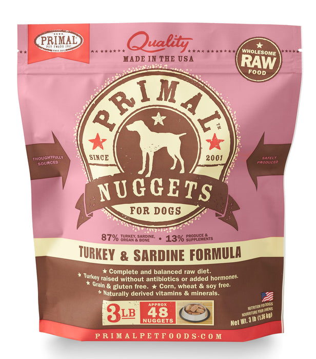 Primal Nuggets Turkey & Sardine Formula Dog Food 3 lb. (Frozen)