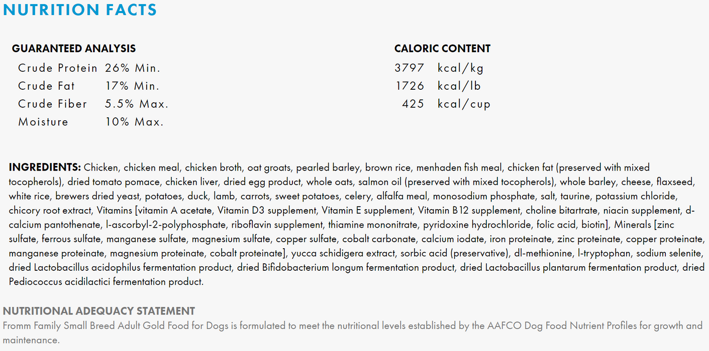 Fromm Gold Small Breed Adult Nutrition Facts