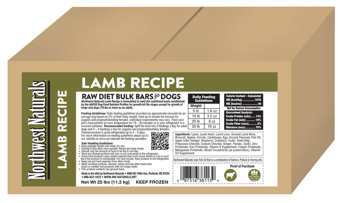 Northwest Naturals Raw Lamb Bulk Dinner Bars 25 lb. (Frozen)